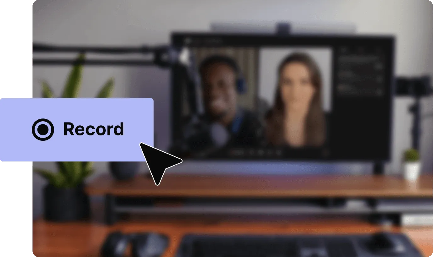 Computer screen showing a video call with two people and a cursor hovering over a purple record button.